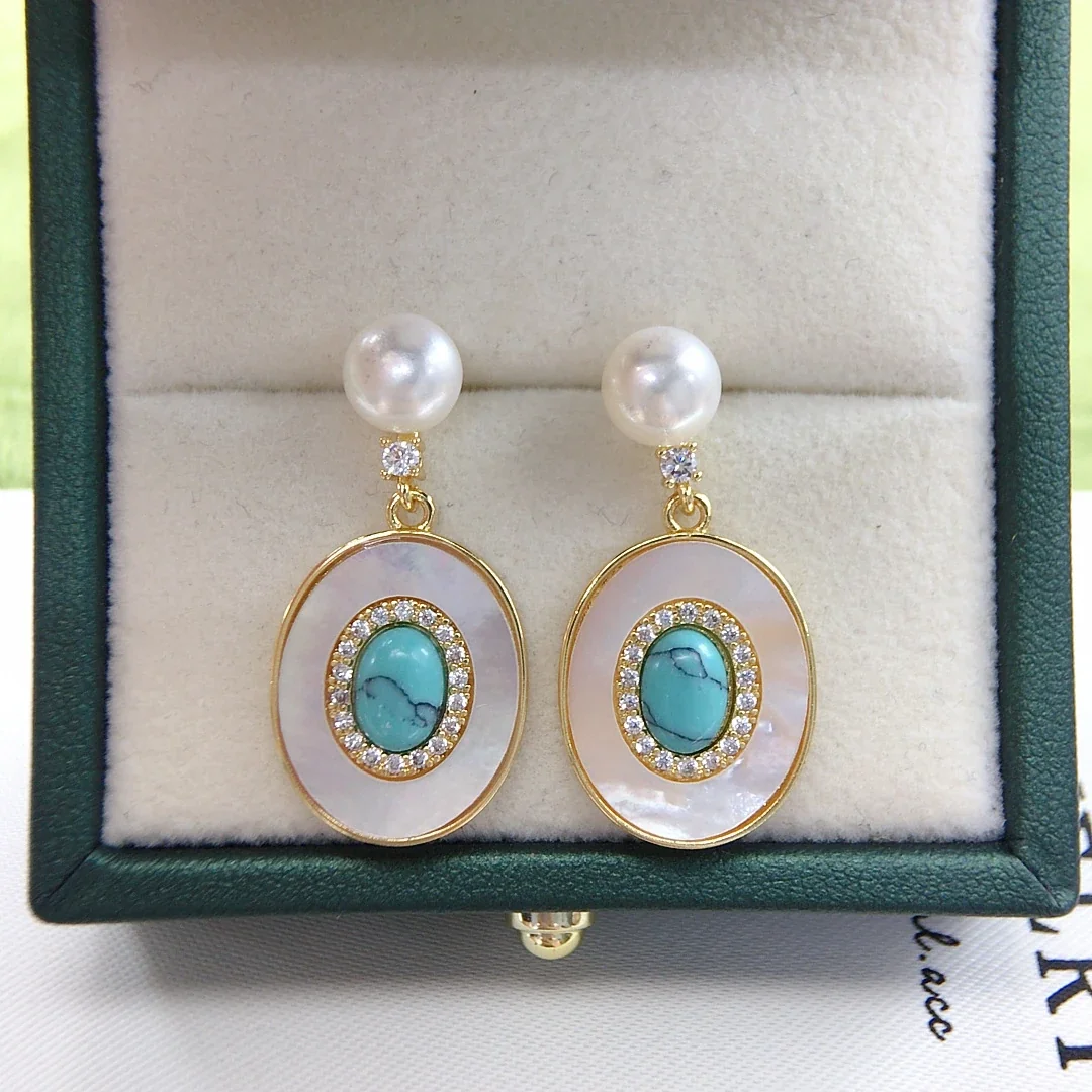 Ornate Gold-Plated Oval Shell Turquoise Freshwater Pearl Earrings