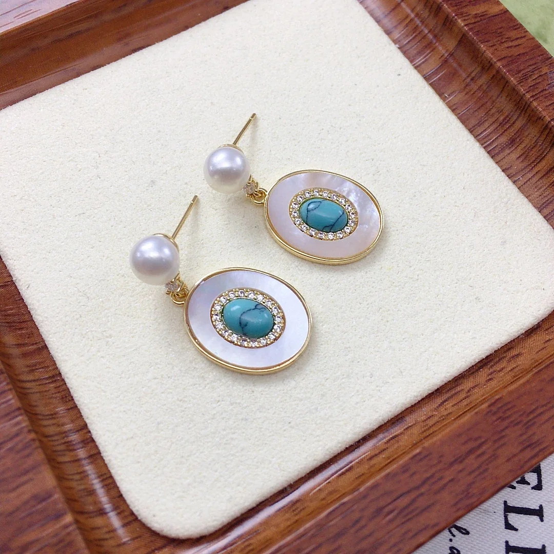 Ornate Gold-Plated Oval Shell Turquoise Freshwater Pearl Earrings