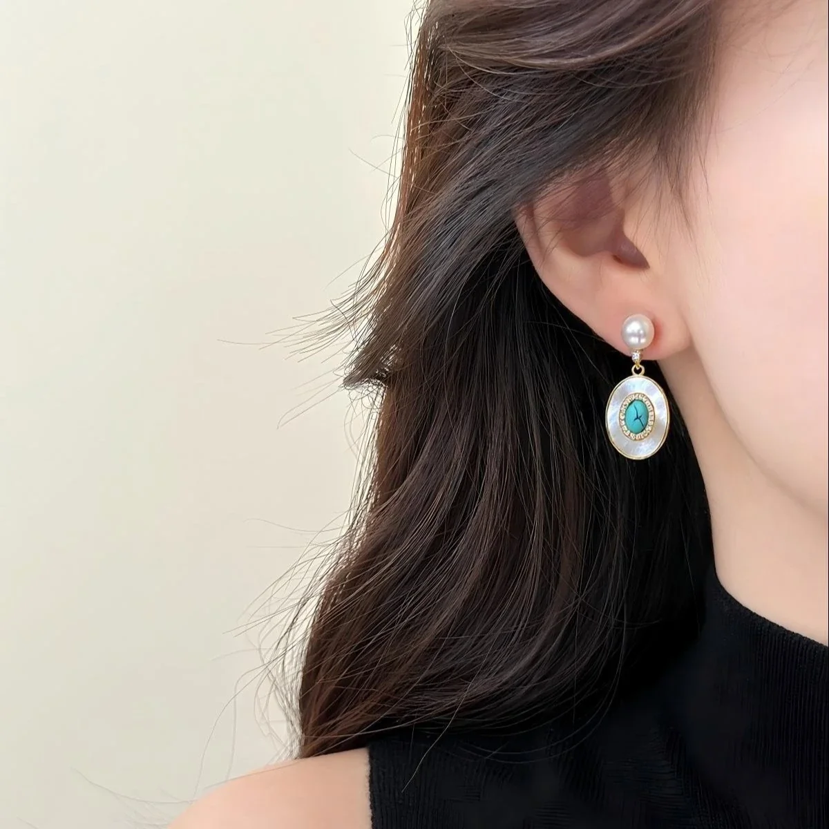Ornate Gold-Plated Oval Shell Turquoise Freshwater Pearl Earrings