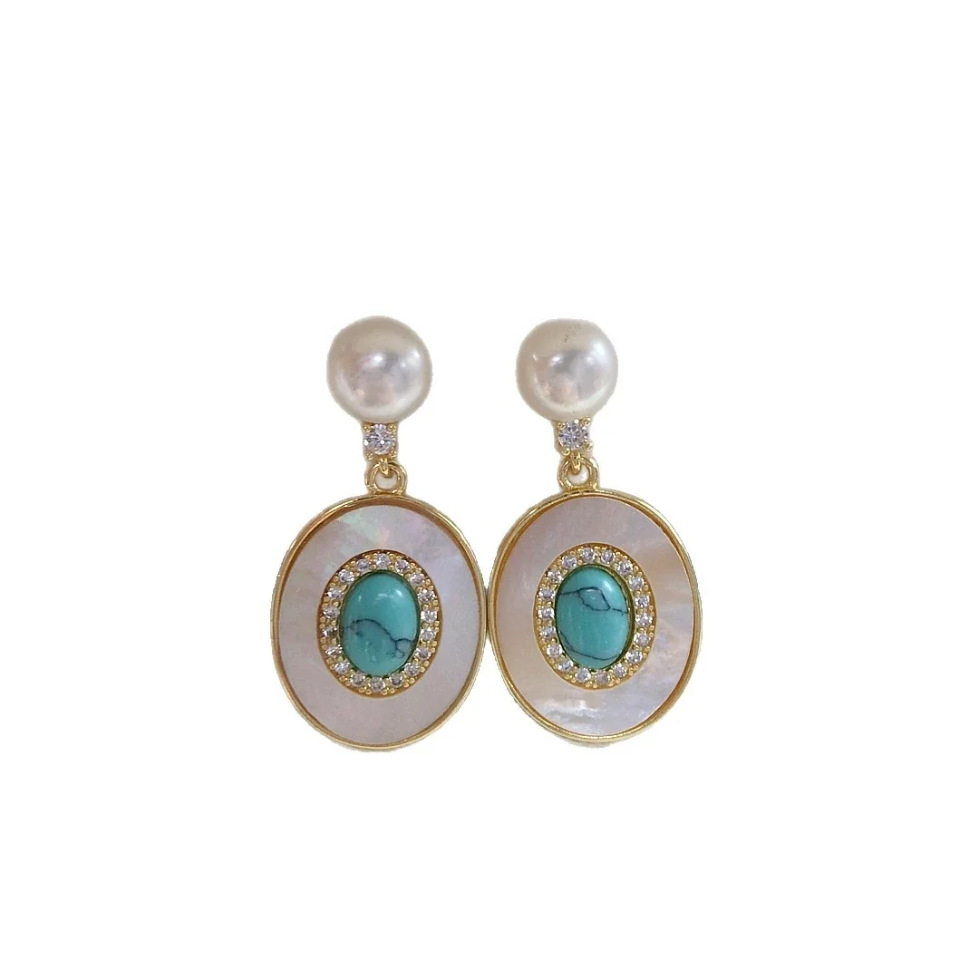 Ornate Gold-Plated Oval Shell Turquoise Freshwater Pearl Earrings