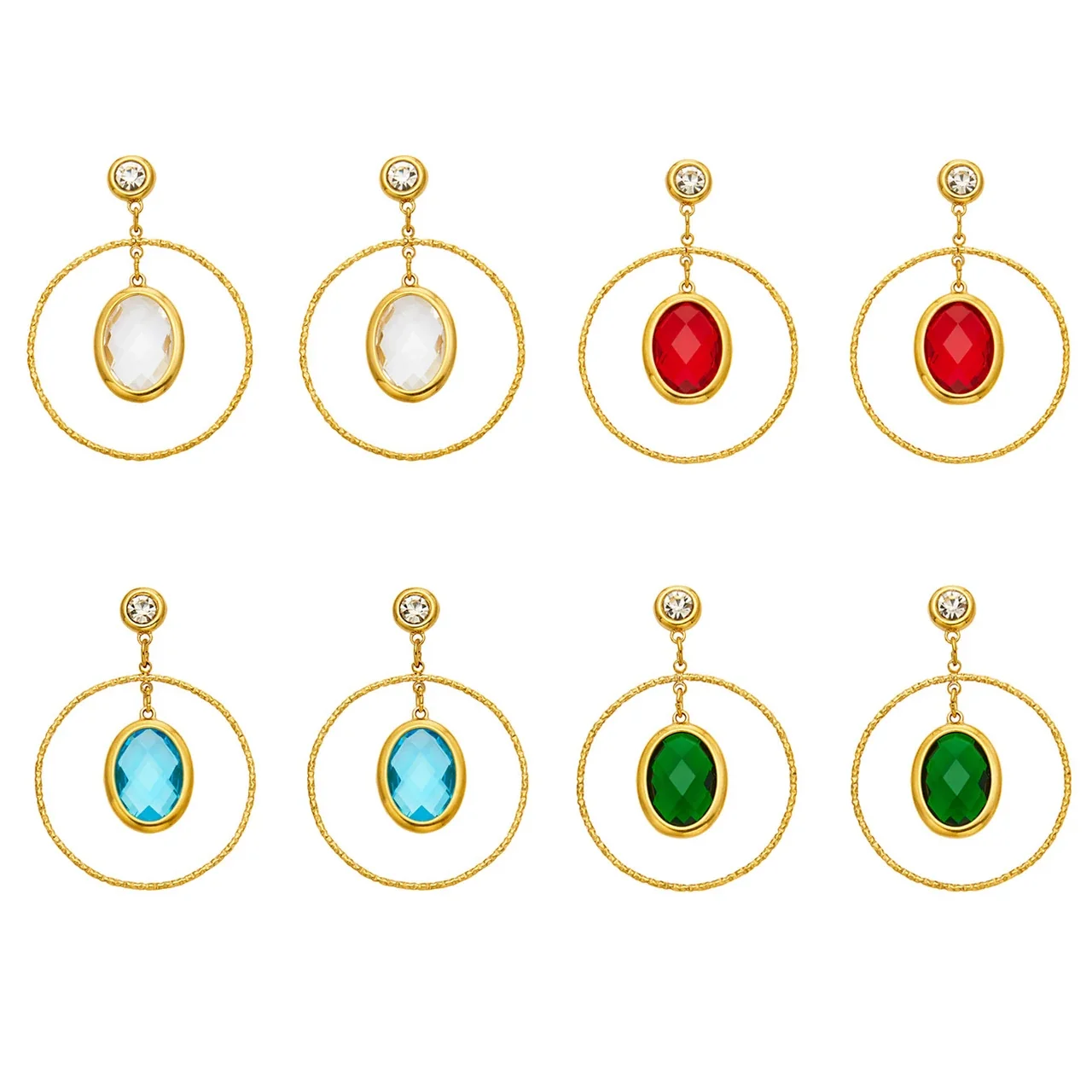 Textured Gold PVD Oval Crystal Hoop Drop Earrings