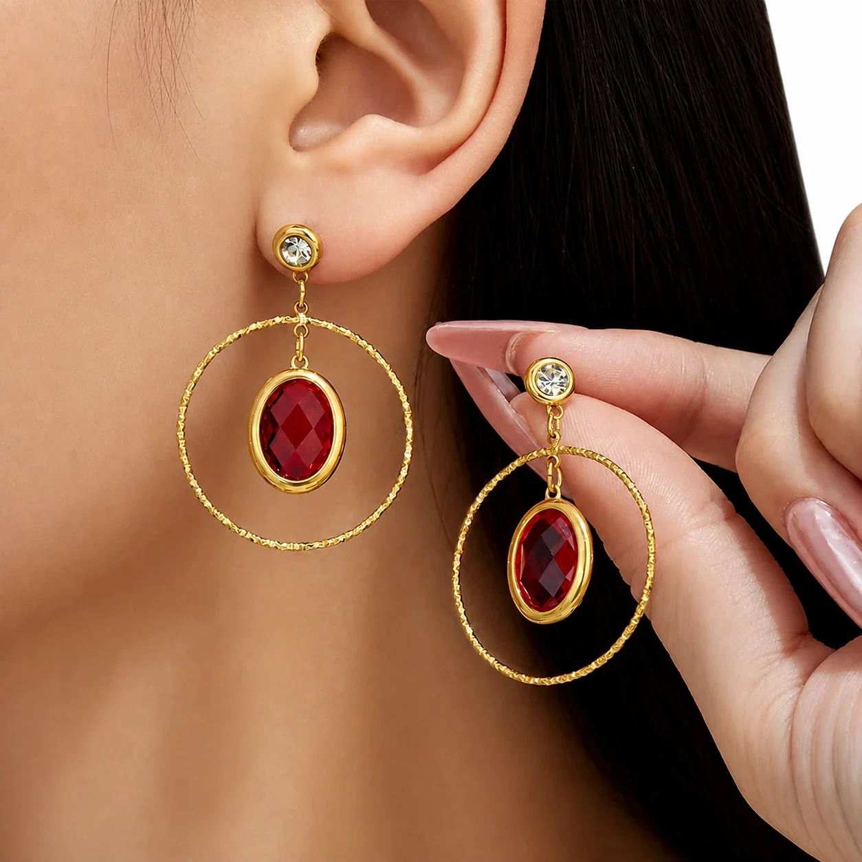 Textured Gold PVD Oval Crystal Hoop Drop Earrings