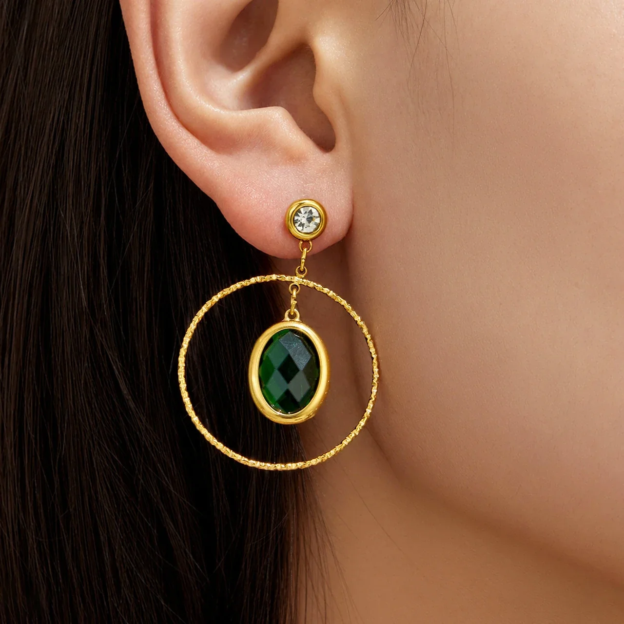Textured Gold PVD Oval Crystal Hoop Drop Earrings