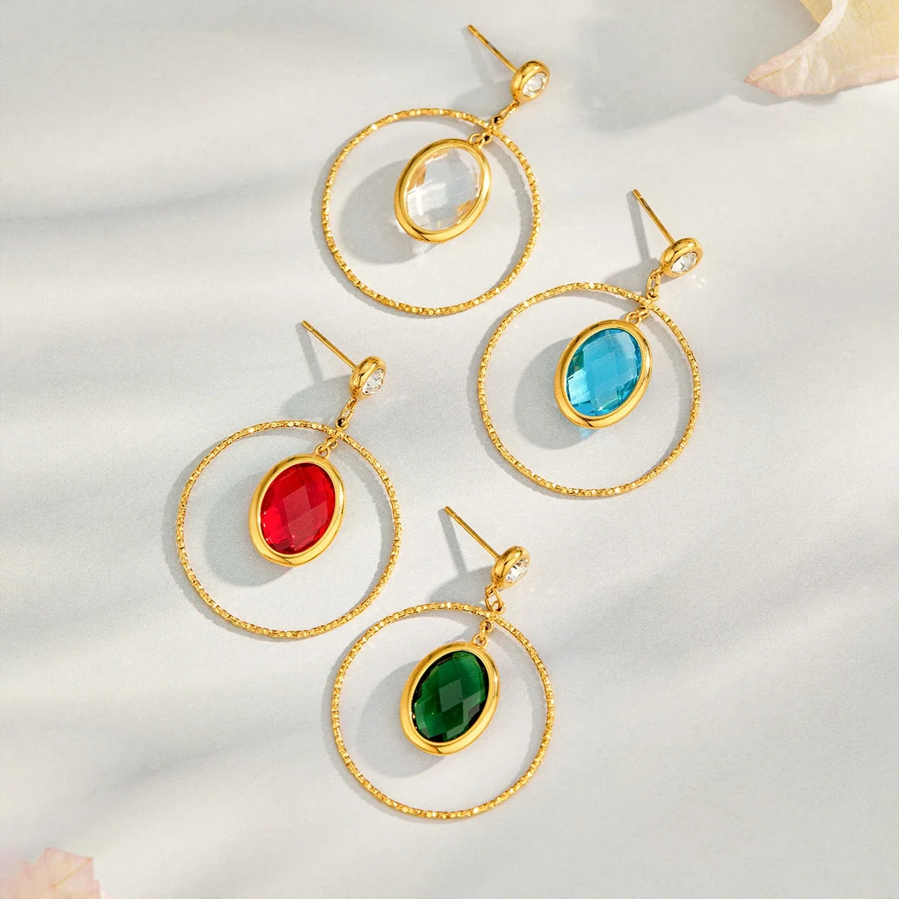 Textured Gold PVD Oval Crystal Hoop Drop Earrings