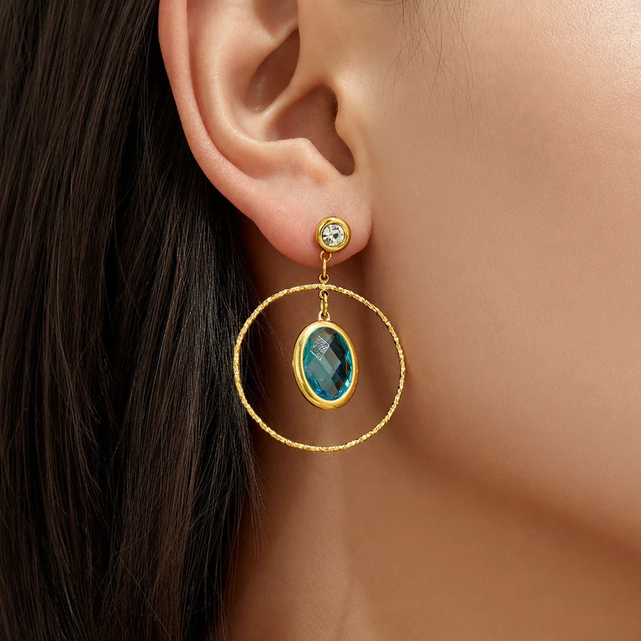 Textured Gold PVD Oval Crystal Hoop Drop Earrings