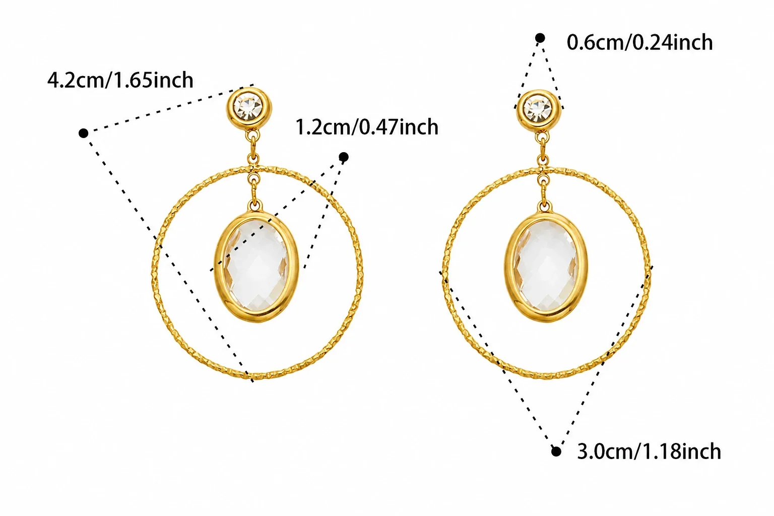 Textured Gold PVD Oval Crystal Hoop Drop Earrings - Gold Clear Crystal