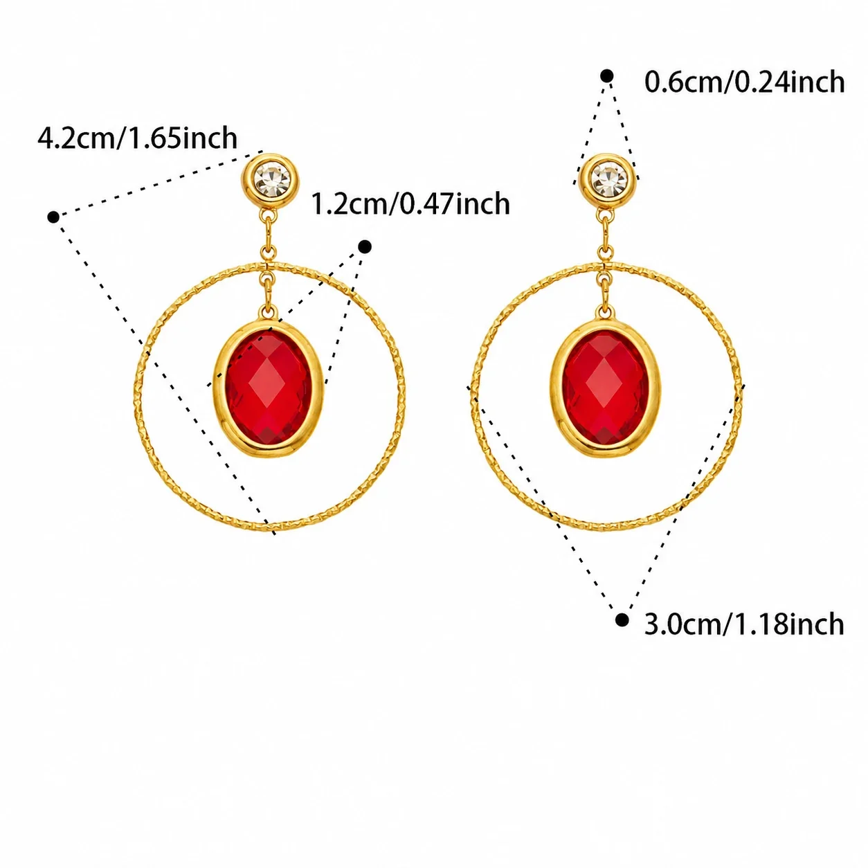 Textured Gold PVD Oval Crystal Hoop Drop Earrings - Gold Red Crystal