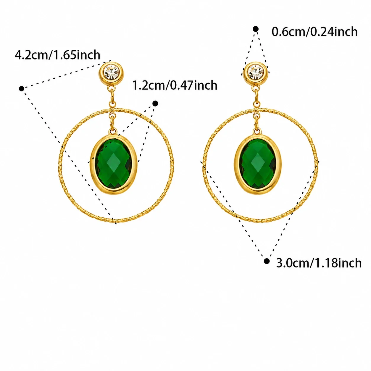 Textured Gold PVD Oval Crystal Hoop Drop Earrings - Gold Green Crystal