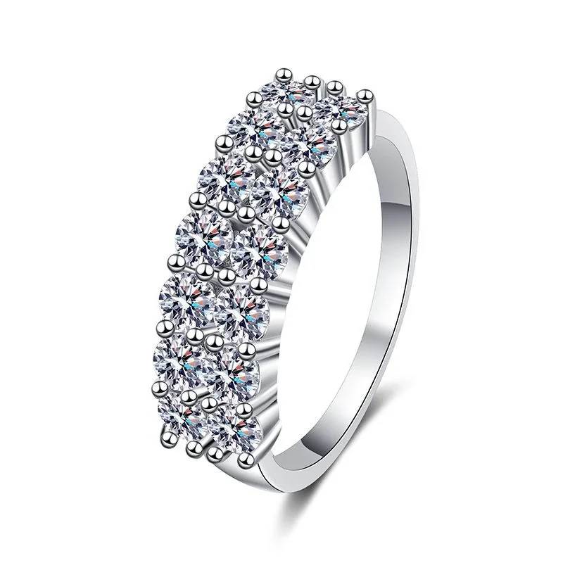 Radiant 925 Sterling Silver Three-Row Pavé Moissanite Ring