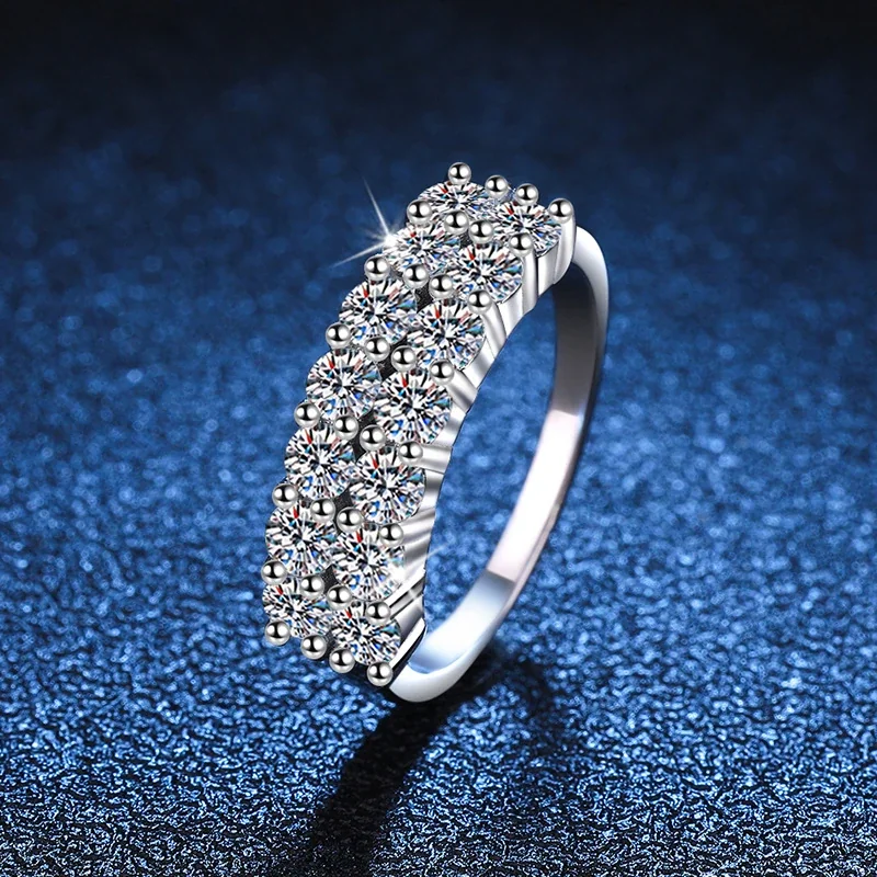 Radiant 925 Sterling Silver Three-Row Pavé Moissanite Ring
