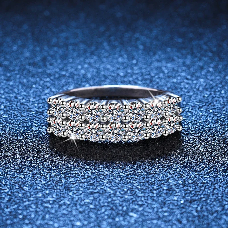 Radiant 925 Sterling Silver Three-Row Pavé Moissanite Ring