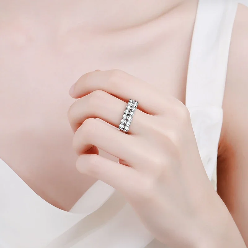 Radiant 925 Sterling Silver Three-Row Pavé Moissanite Ring