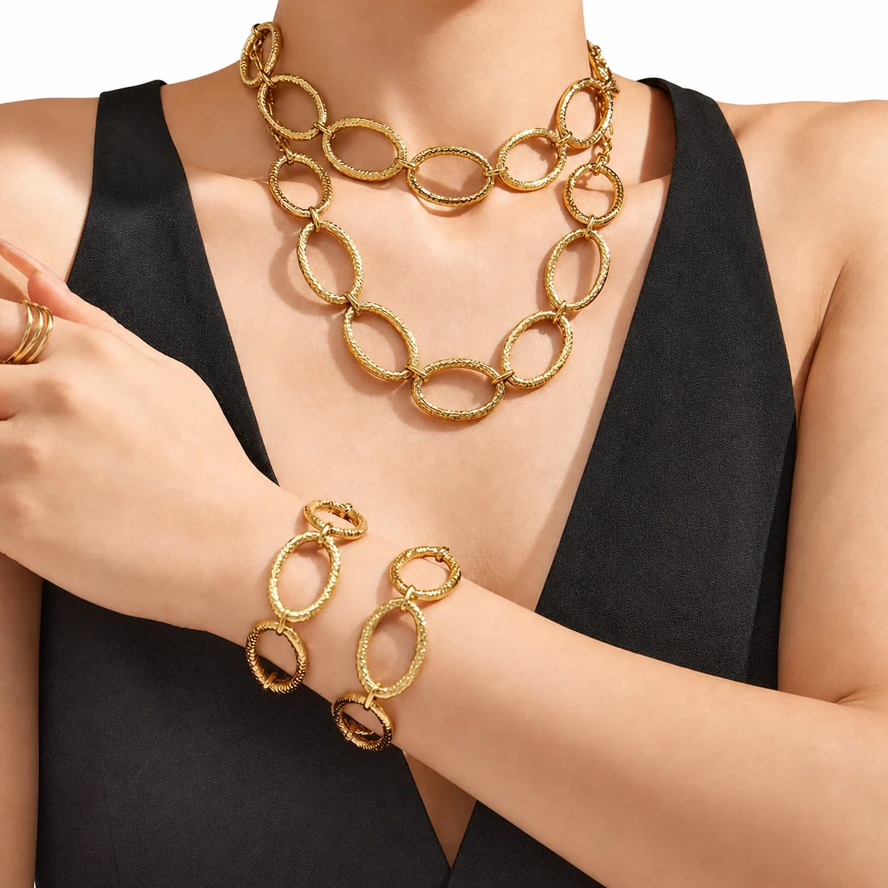 Sculptural Gold-Plated Hammered Oval Link Jewelry Set