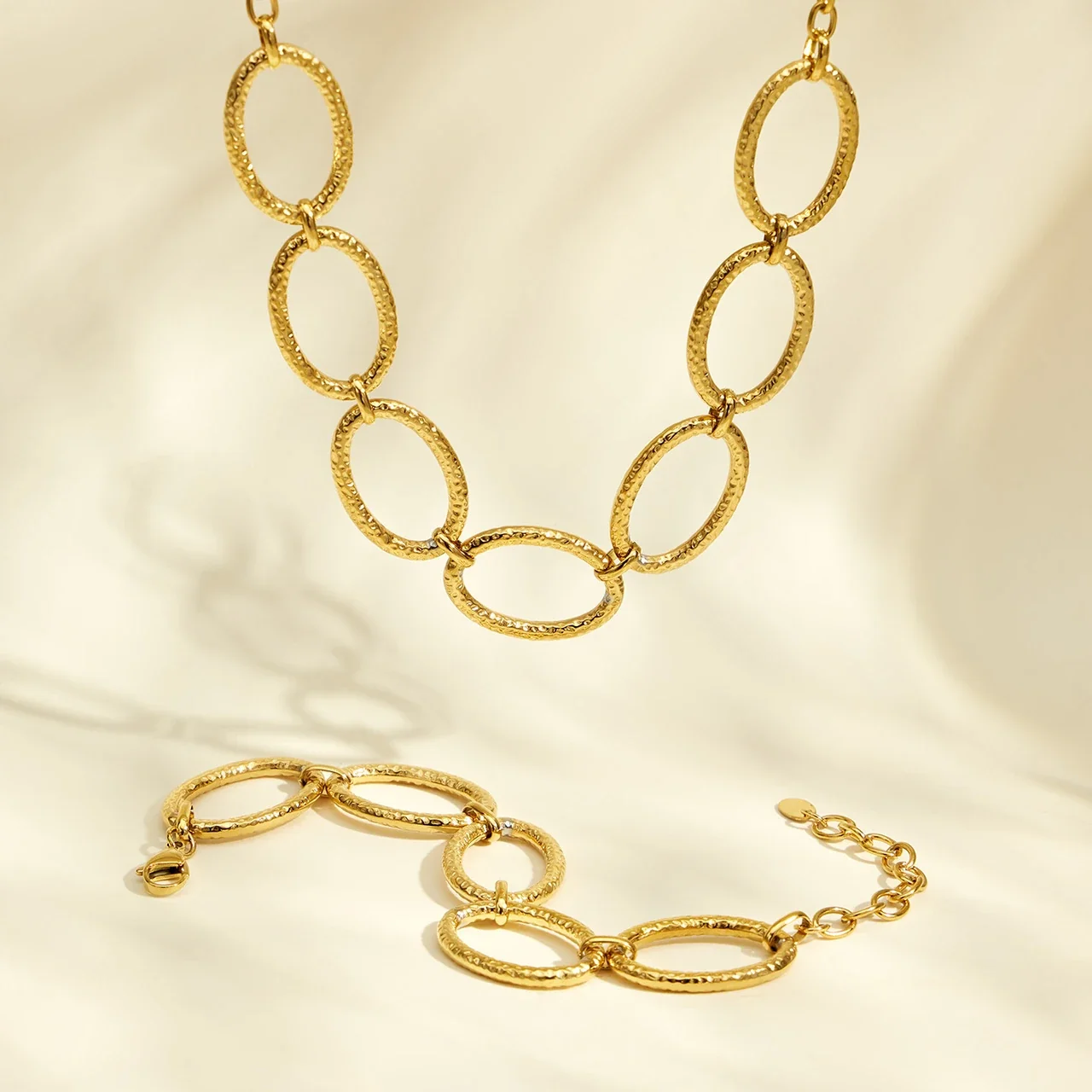 Sculptural Gold-Plated Hammered Oval Link Jewelry Set