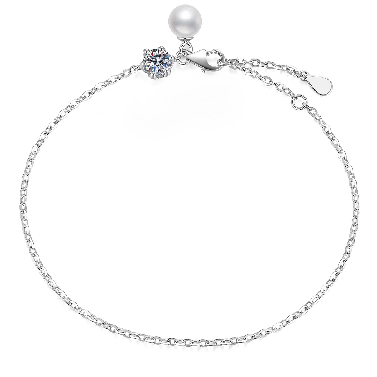Delicate 925 Sterling Silver Round Moissanite Pearl Charm Bracelet