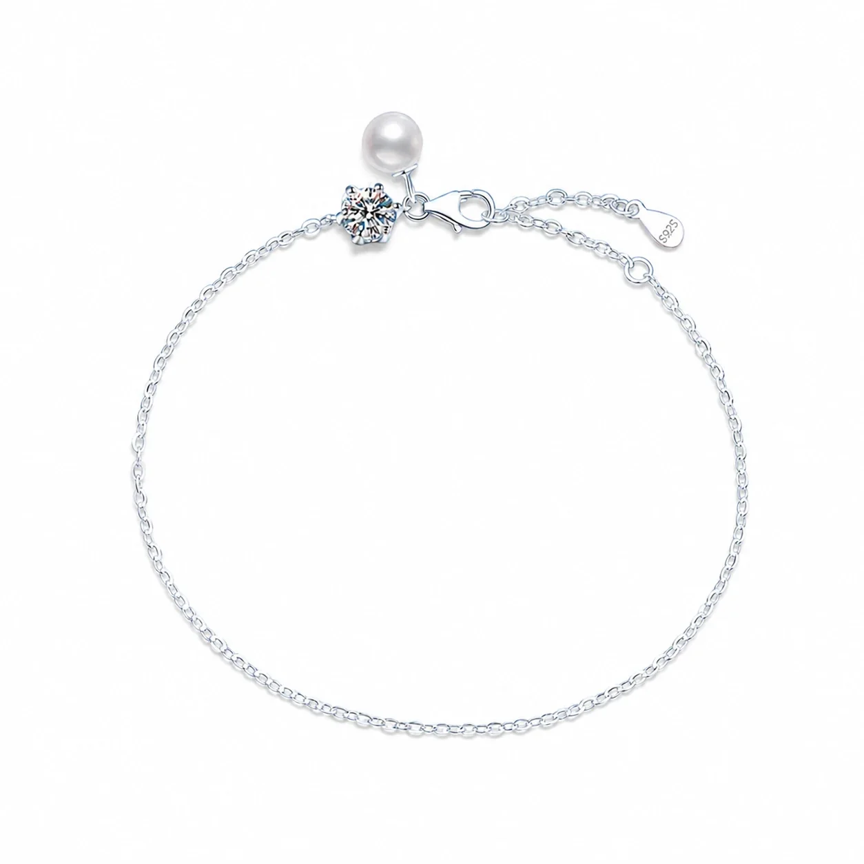 Delicate 925 Sterling Silver Round Moissanite Pearl Charm Bracelet