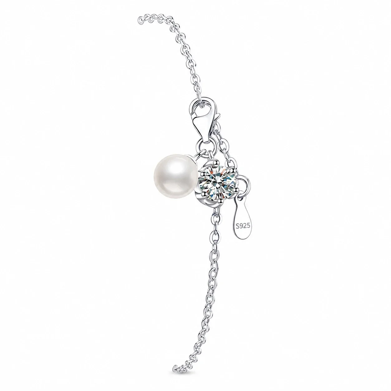 Delicate 925 Sterling Silver Round Moissanite Pearl Charm Bracelet