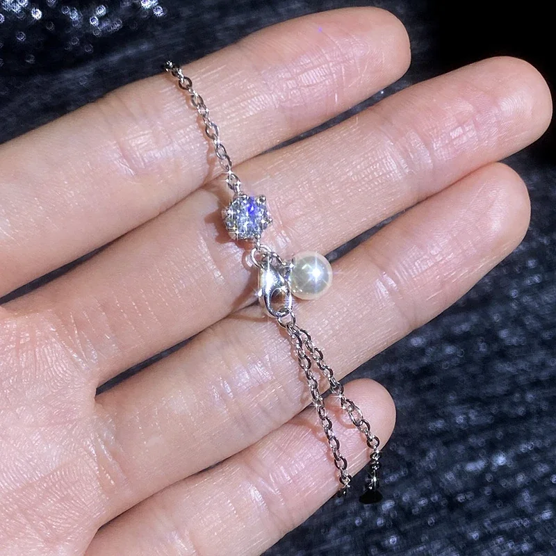 Delicate 925 Sterling Silver Round Moissanite Pearl Charm Bracelet
