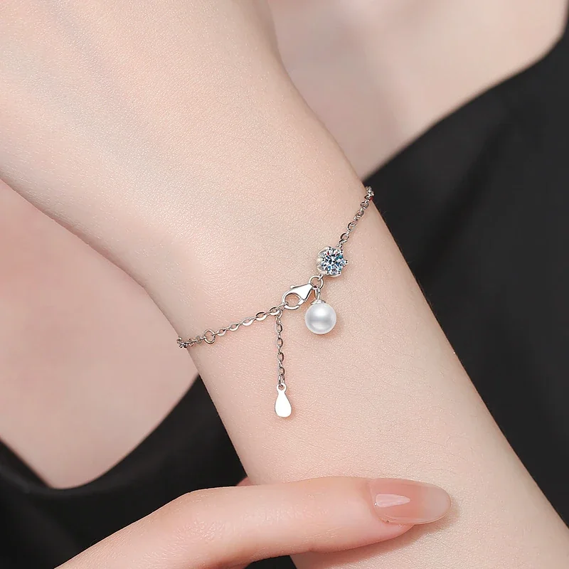 Delicate 925 Sterling Silver Round Moissanite Pearl Charm Bracelet