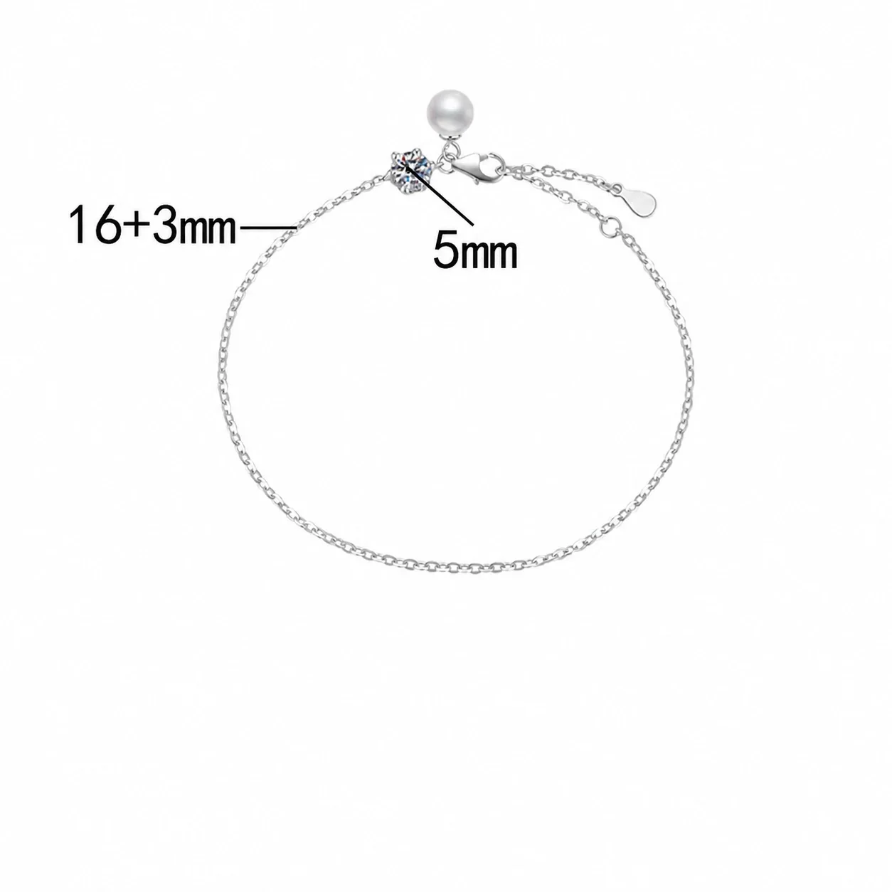 Delicate 925 Sterling Silver Round Moissanite Pearl Charm Bracelet - . ct Moissanite