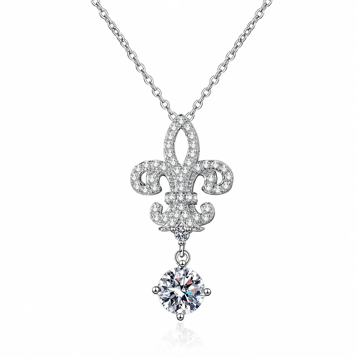 Fleur-de-Lis 925 Sterling Silver Pavé Drop Moissanite Necklace