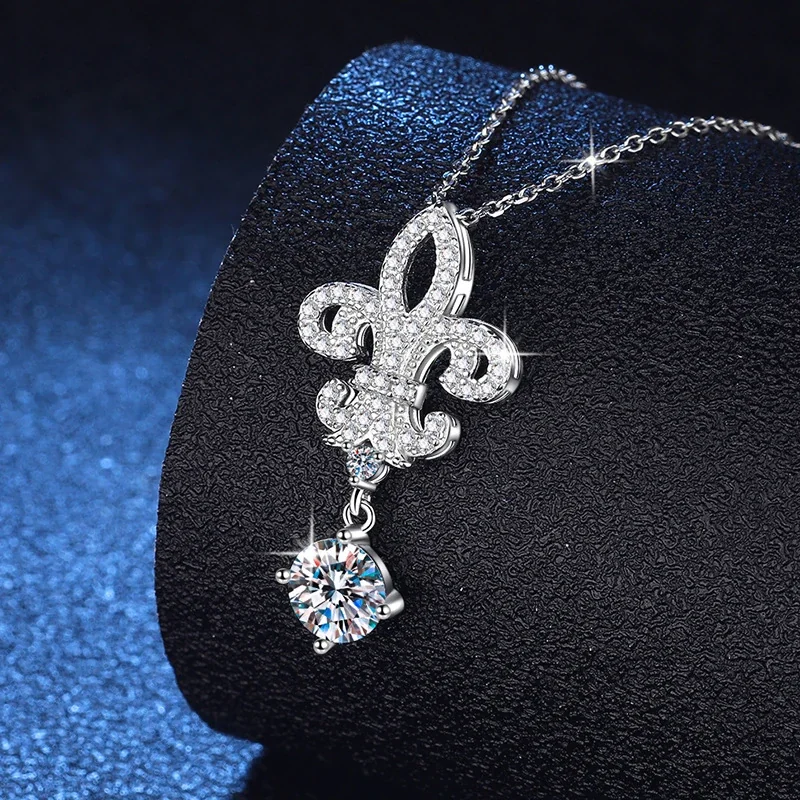 Fleur-de-Lis 925 Sterling Silver Pavé Drop Moissanite Necklace