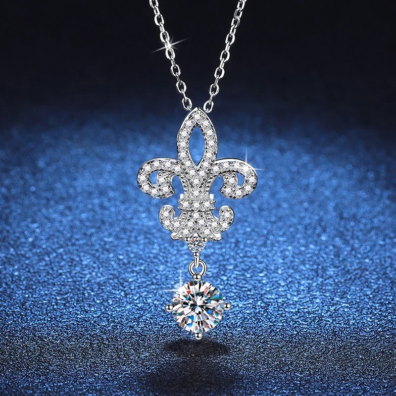Fleur-de-Lis 925 Sterling Silver Pavé Drop Moissanite Necklace