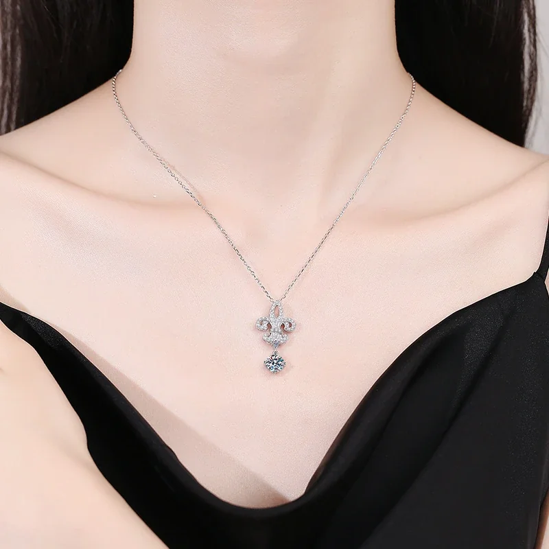 Fleur-de-Lis 925 Sterling Silver Pavé Drop Moissanite Necklace