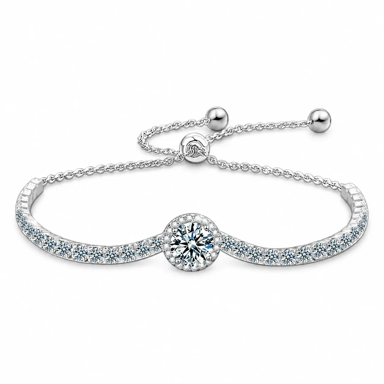 Halo Round 925 Sterling Silver Pavé Moissanite Tennis Bracelet