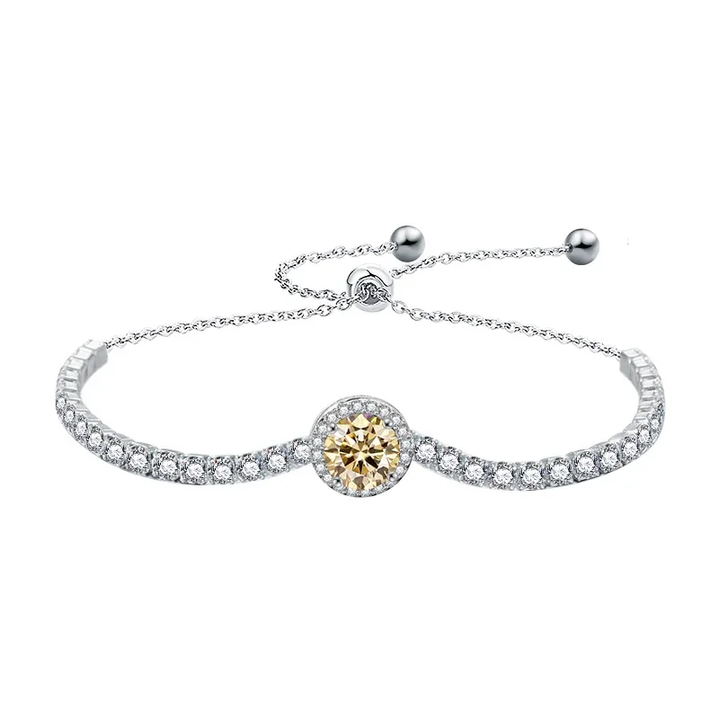 Halo Round 925 Sterling Silver Pavé Tennis Bracelet - Champagne Yellow Moissanite