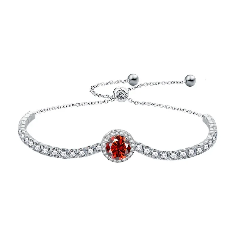 Halo Round 925 Sterling Silver Pavé Tennis Bracelet - Garnet Red Moissanite