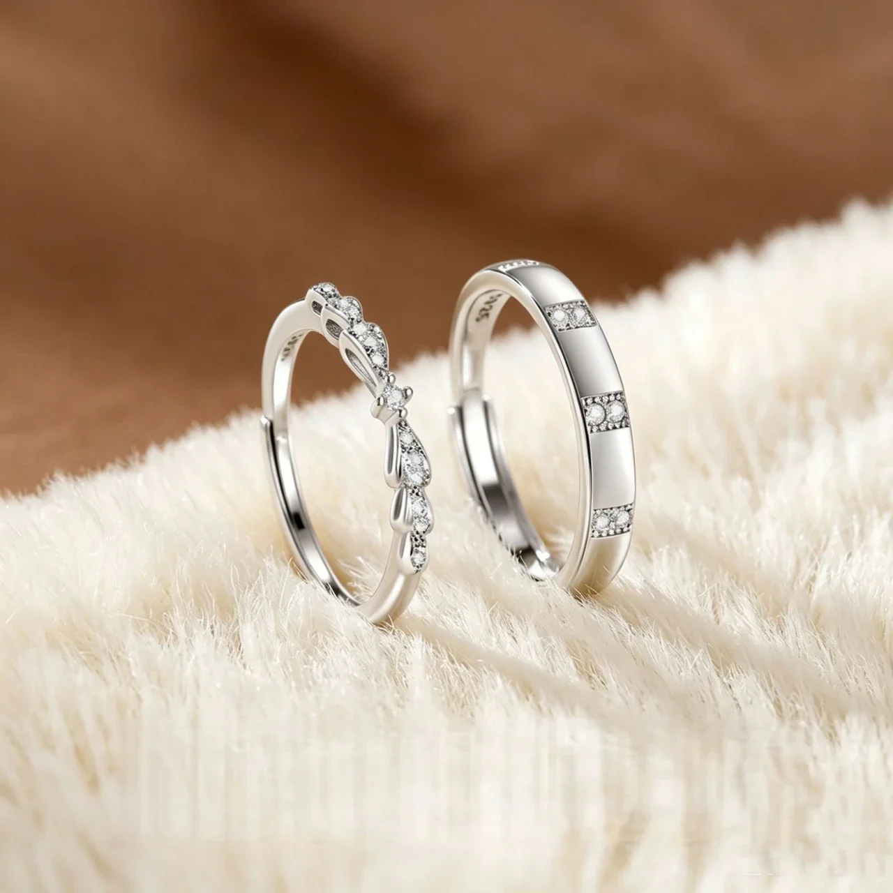 Paired Electroplated Bow Leaf and Channel-Set Band Ring