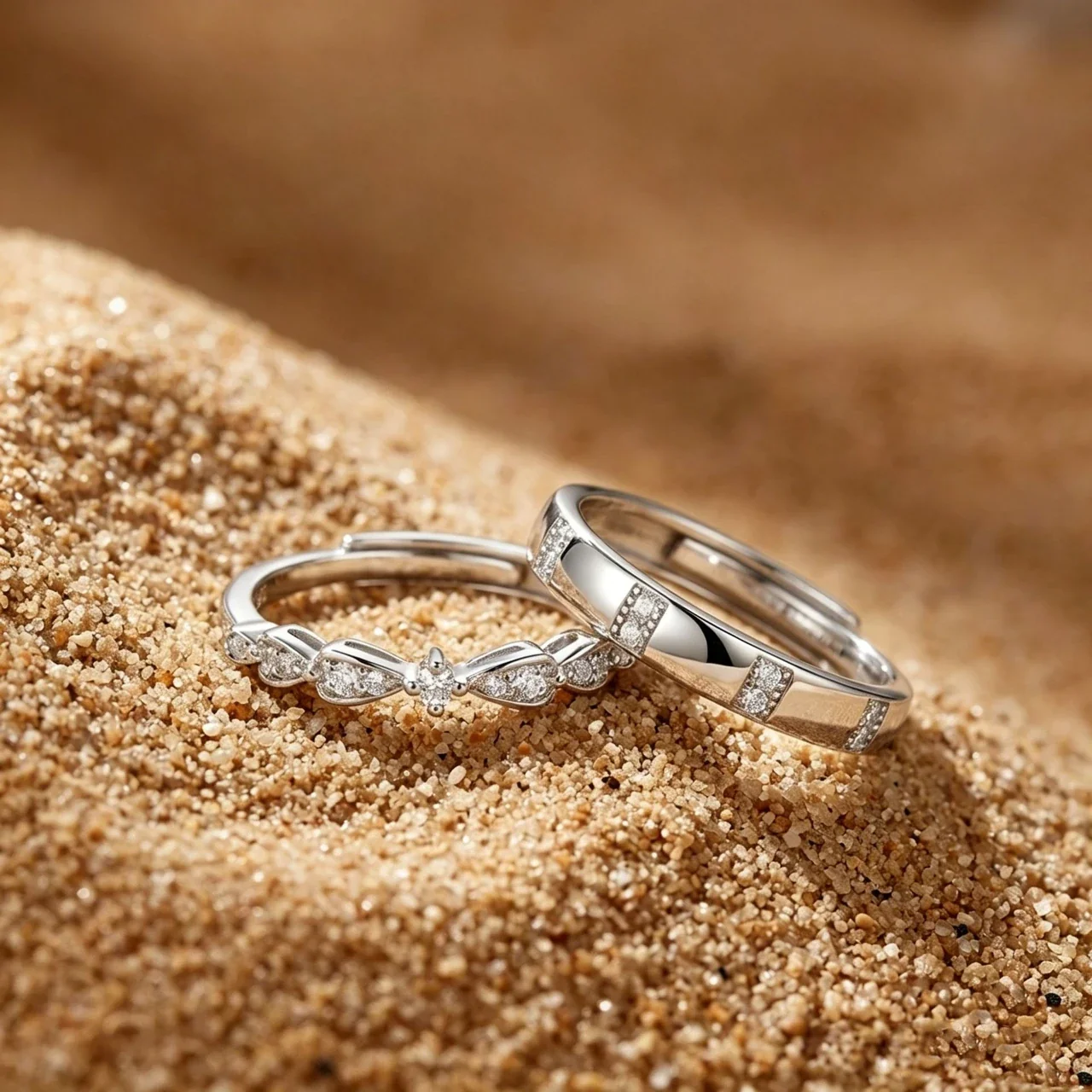 Paired Electroplated Bow Leaf and Channel-Set Band Ring