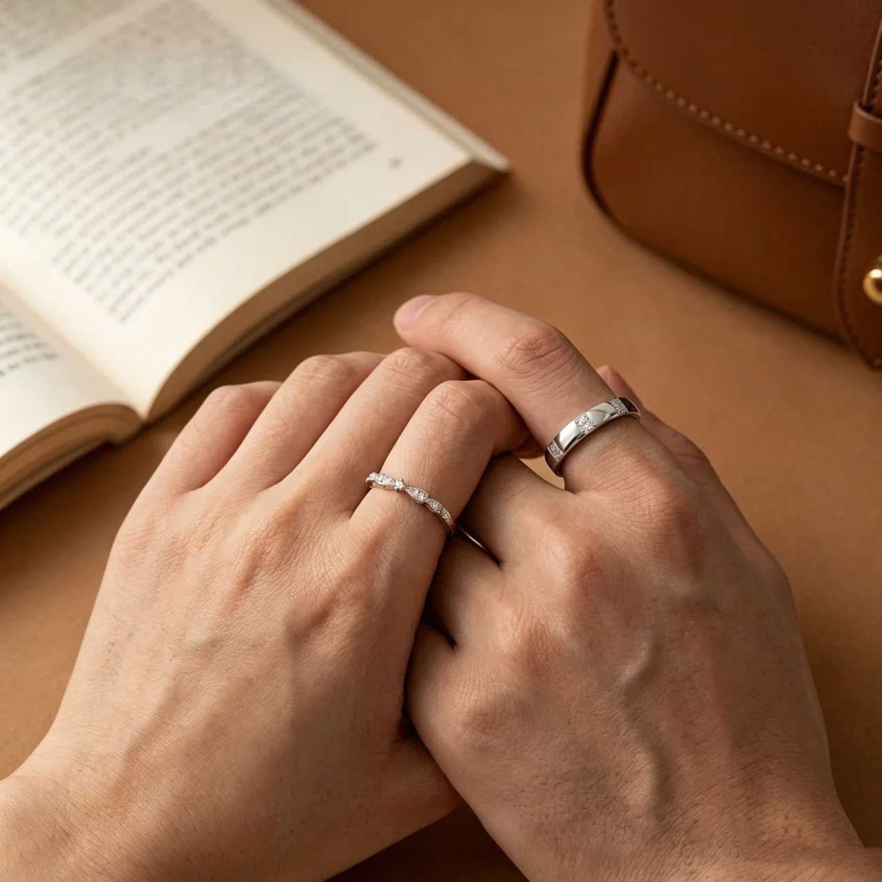 Paired Electroplated Bow Leaf and Channel-Set Band Ring