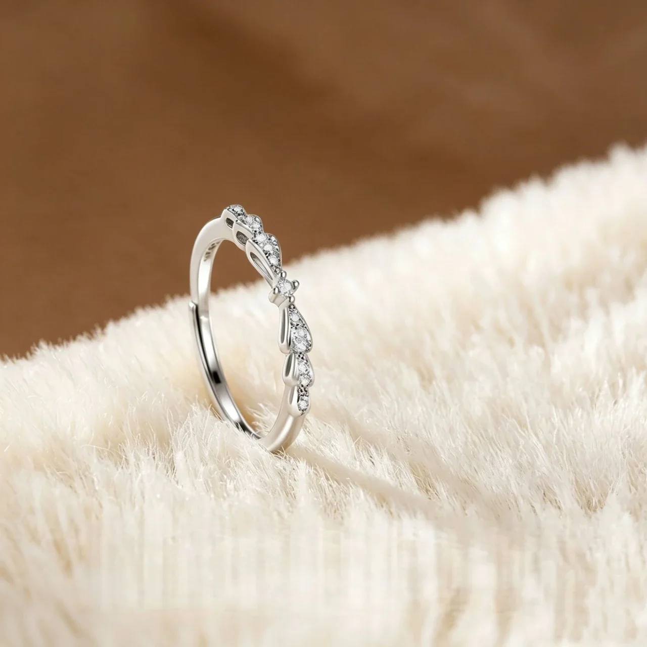 Paired Electroplated Bow Leaf and Channel-Set Band Ring - Silver Bow