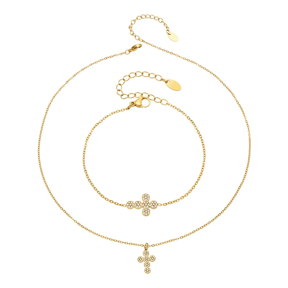 Delicate Pavé Cross Stainless Steel Jewelry Set