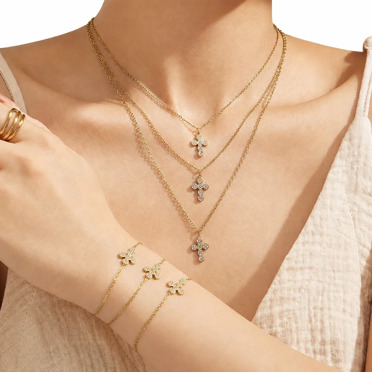 Delicate Pavé Cross Stainless Steel Jewelry Set