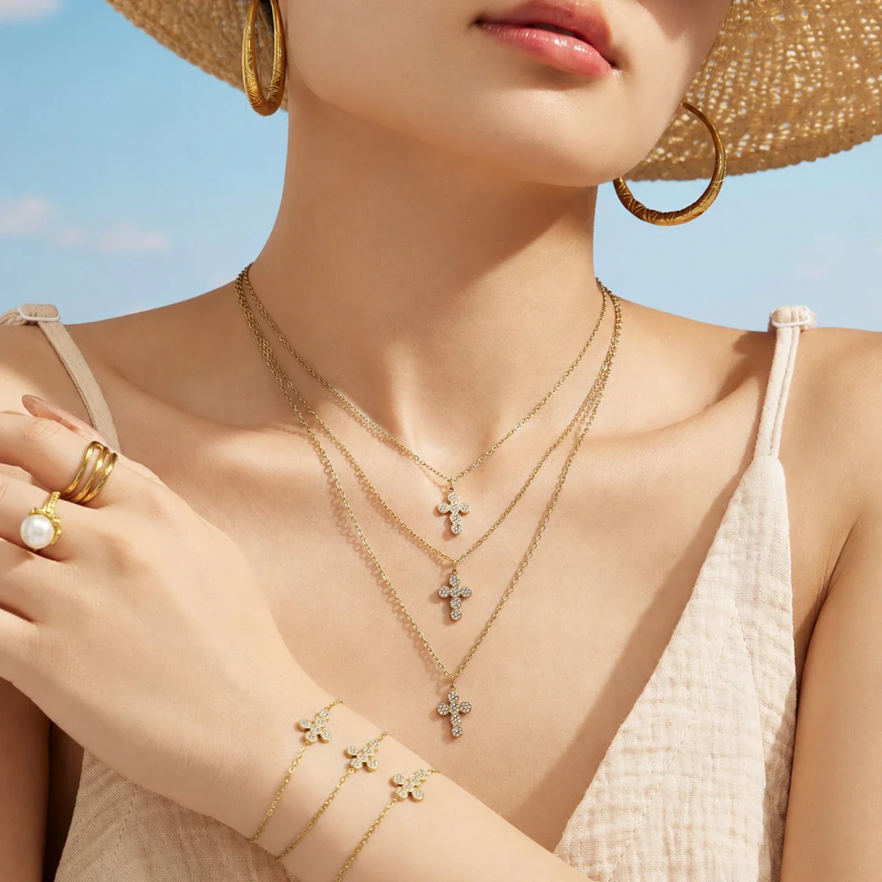 Delicate Pavé Cross Stainless Steel Jewelry Set