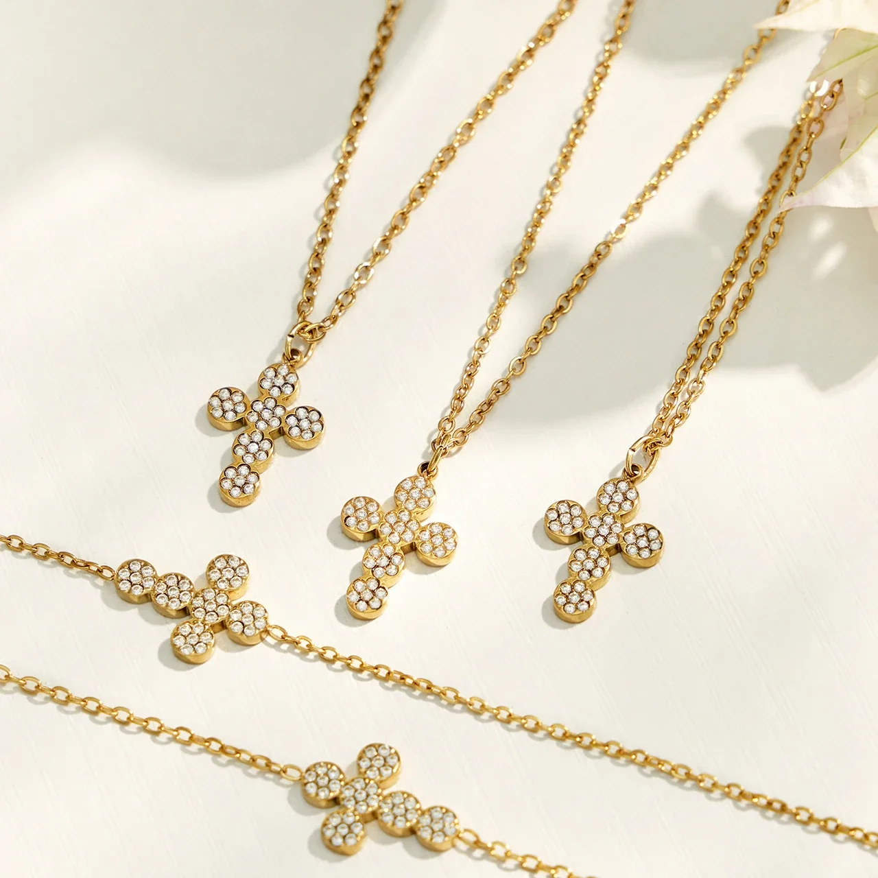 Delicate Pavé Cross Stainless Steel Jewelry Set