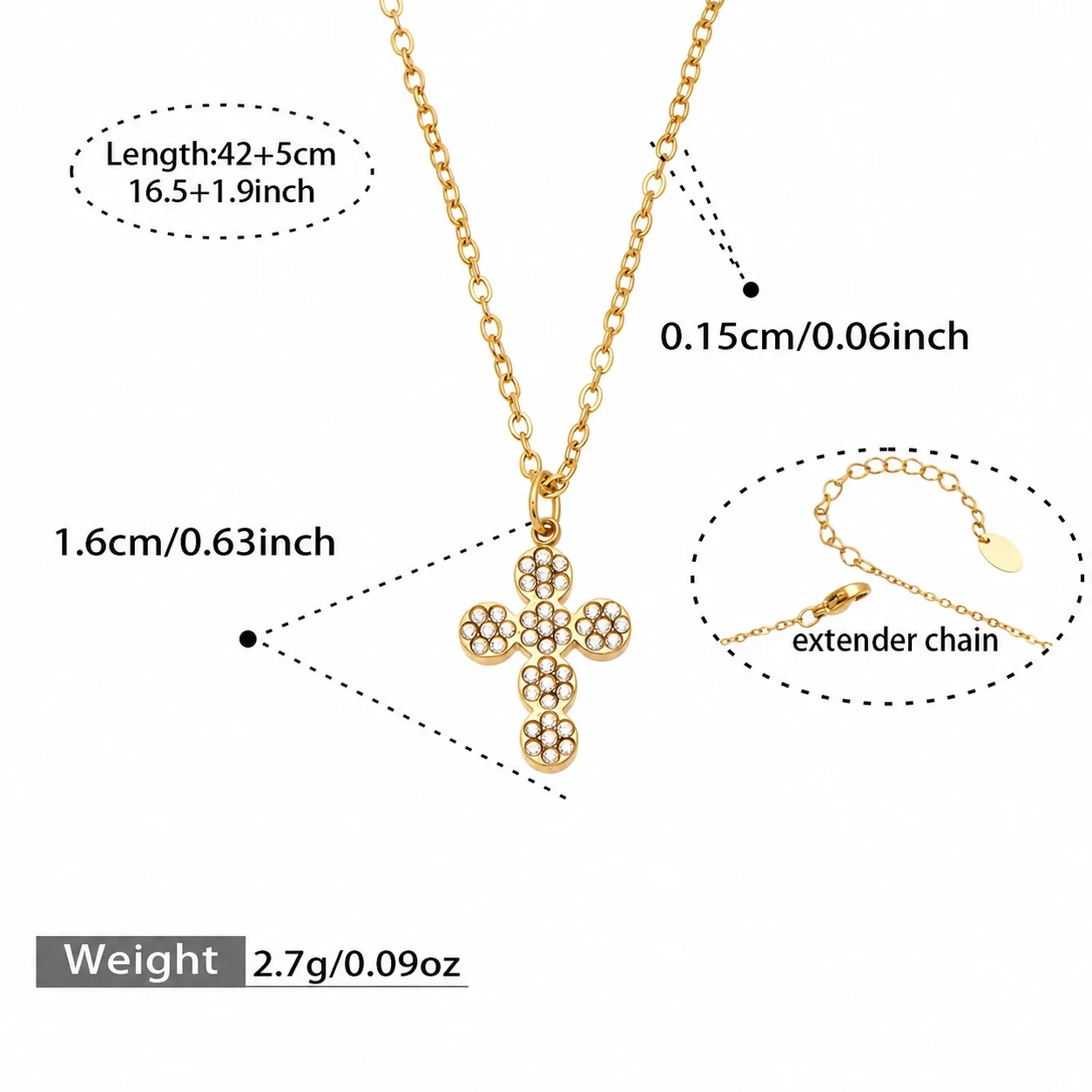 Delicate Pavé Cross Stainless Steel Jewelry Set - Gold Cross CZ 42+5 cm