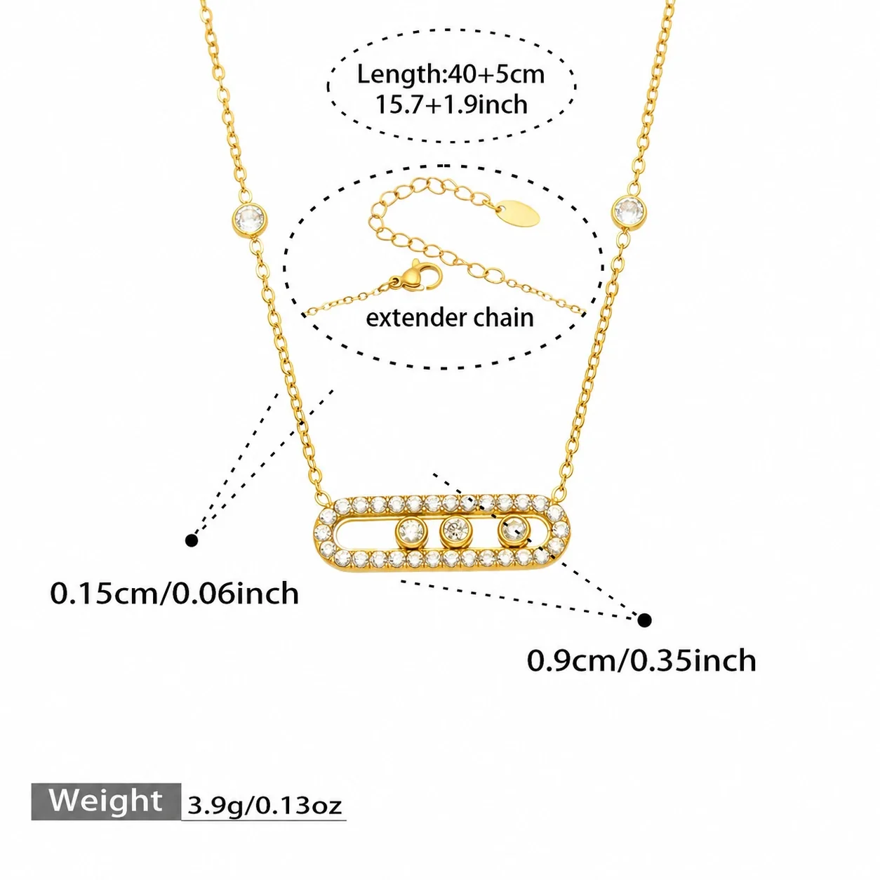 Luminous Pavé Paperclip CZ Stainless Steel Necklace - Gold Sliding CZ