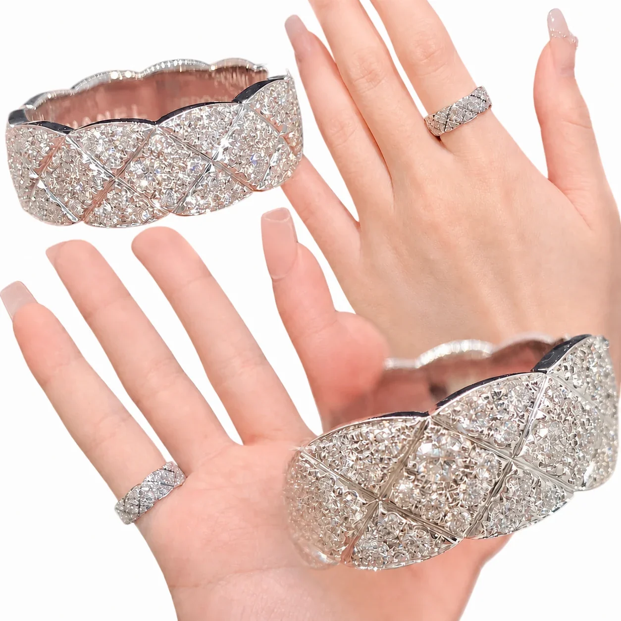 Quilted Pavé Silver-Plated Copper Wide-Band Ring