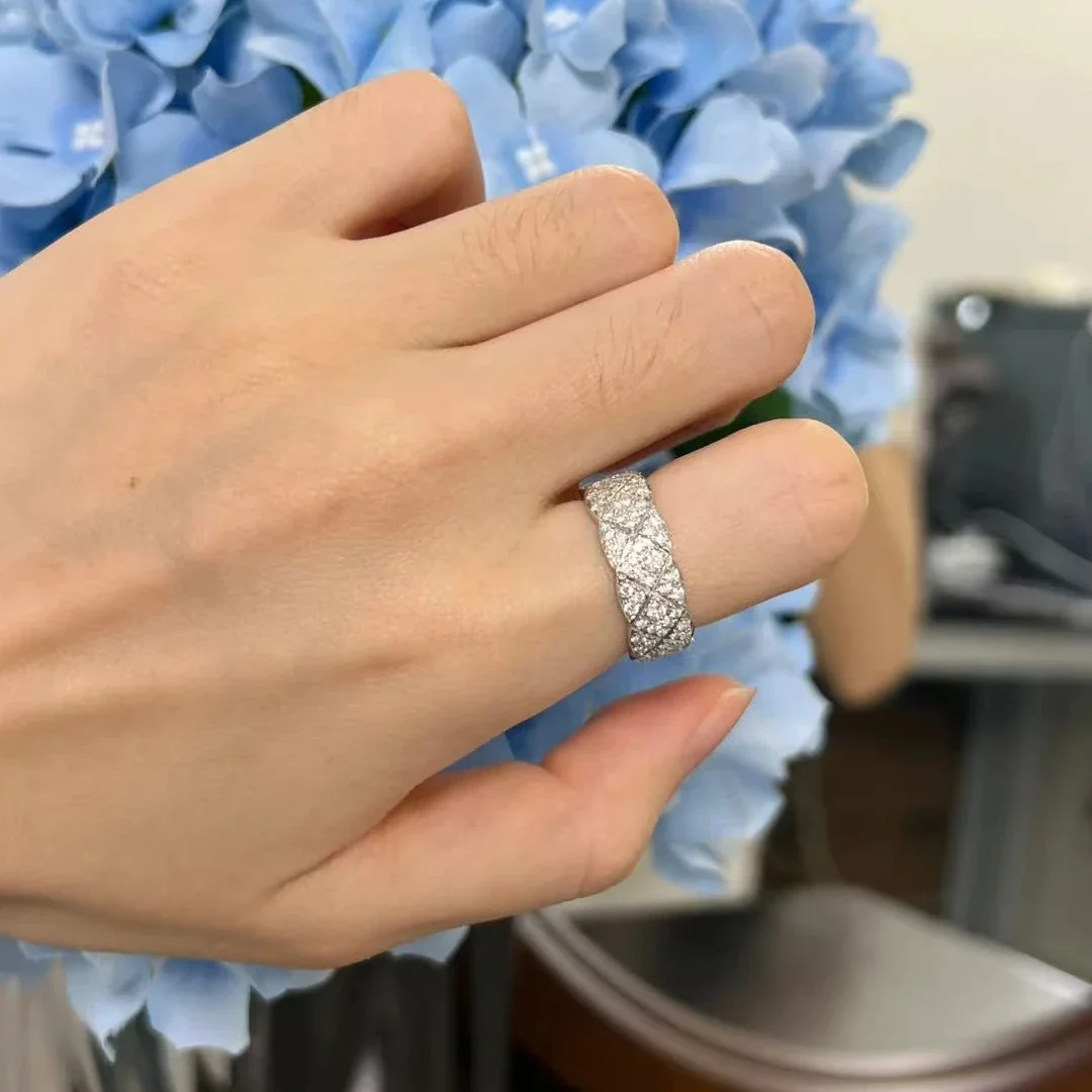 Quilted Pavé Silver-Plated Copper Wide-Band Ring