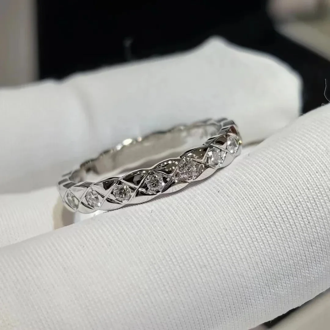 Quilted Pavé Silver-Plated Copper Wide-Band Ring - Silver Slim Crystal