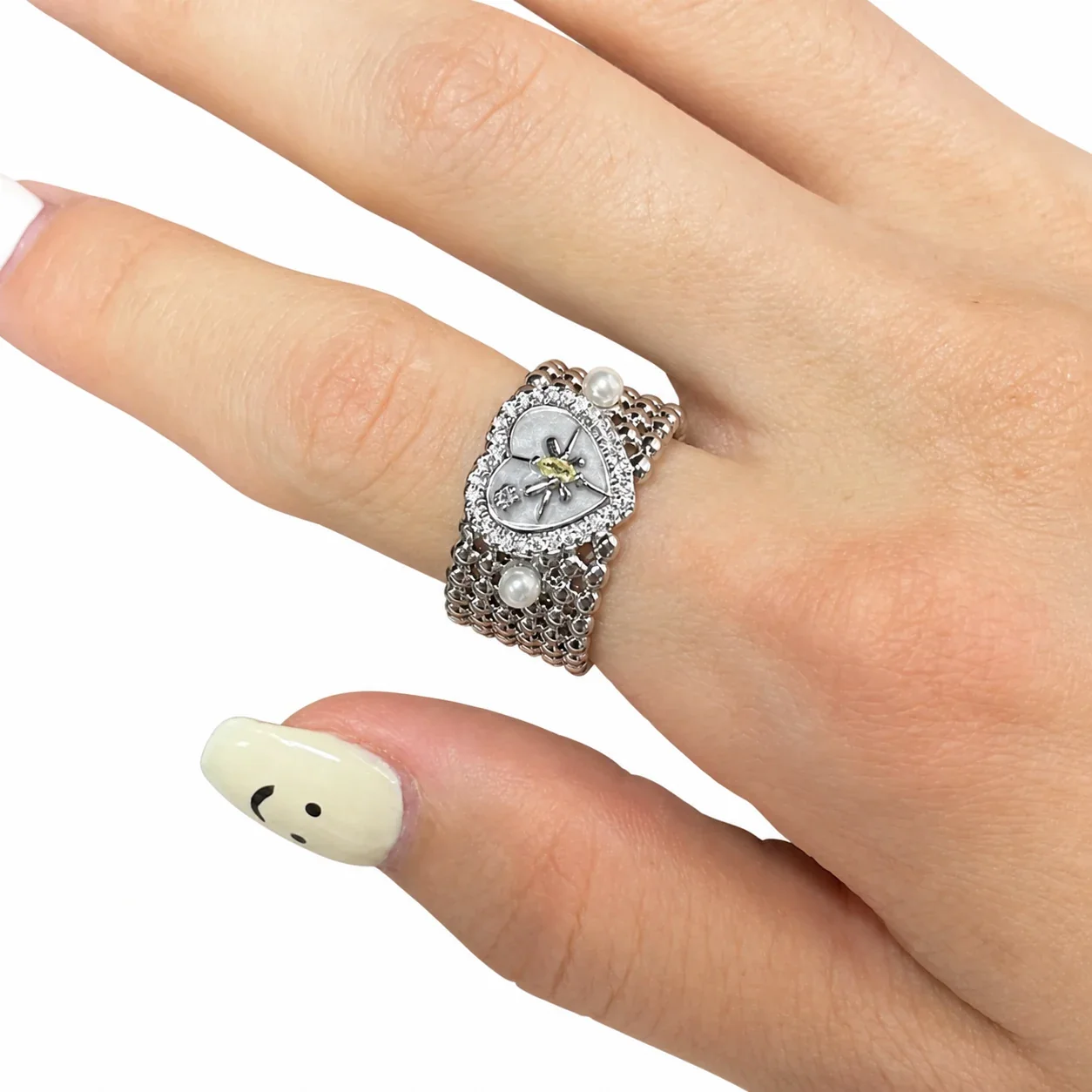 Ornate Silver-Plated Heart Star Pearl Bead Wide Ring