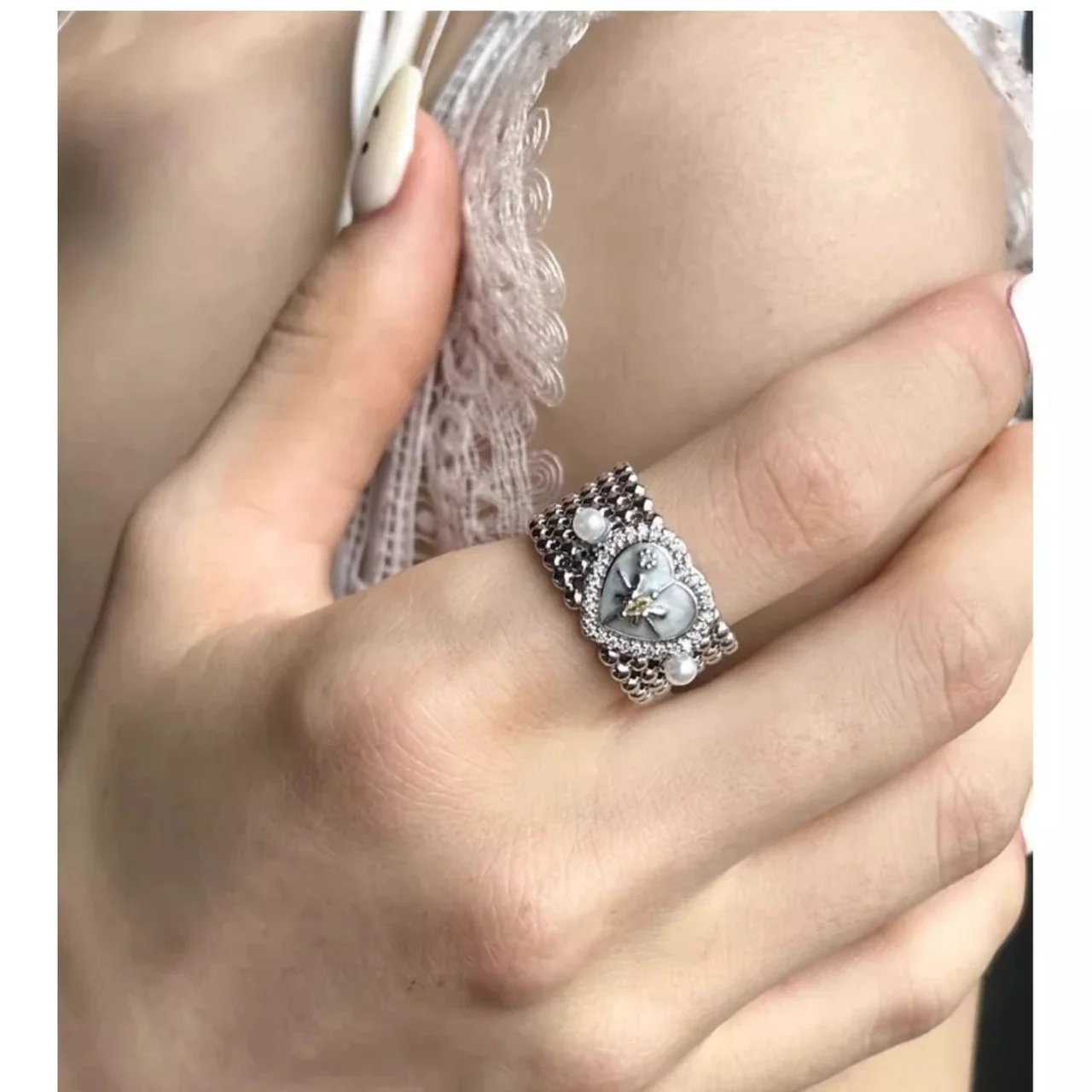 Ornate Silver-Plated Heart Star Pearl Bead Wide Ring