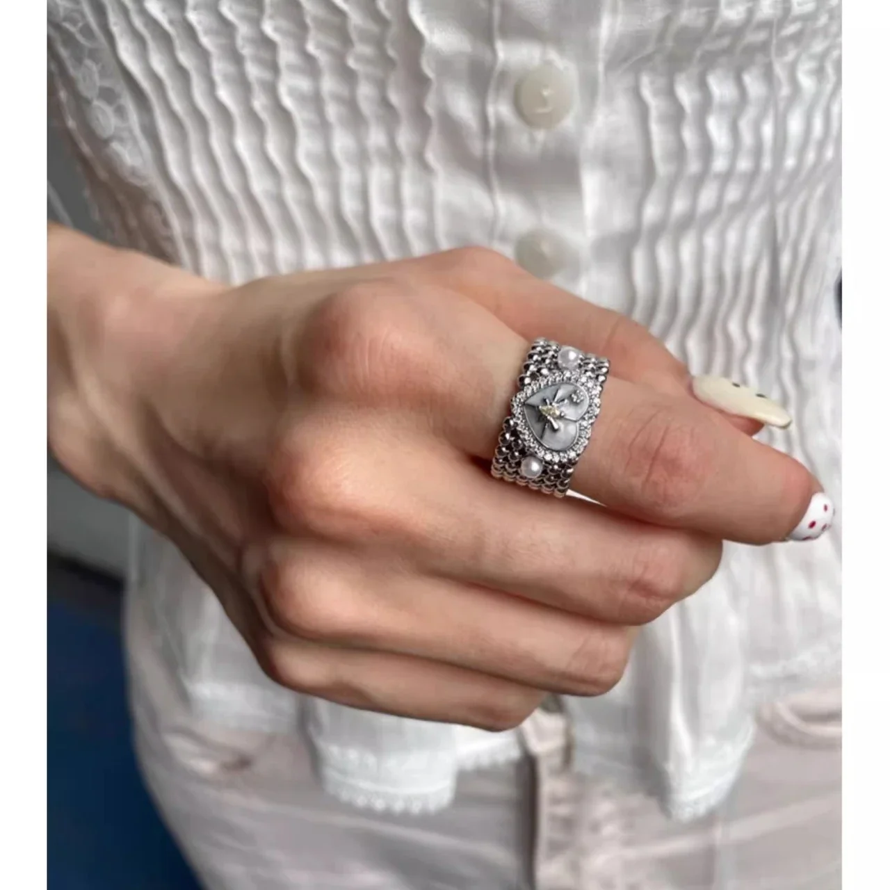 Ornate Silver-Plated Heart Star Pearl Bead Wide Ring