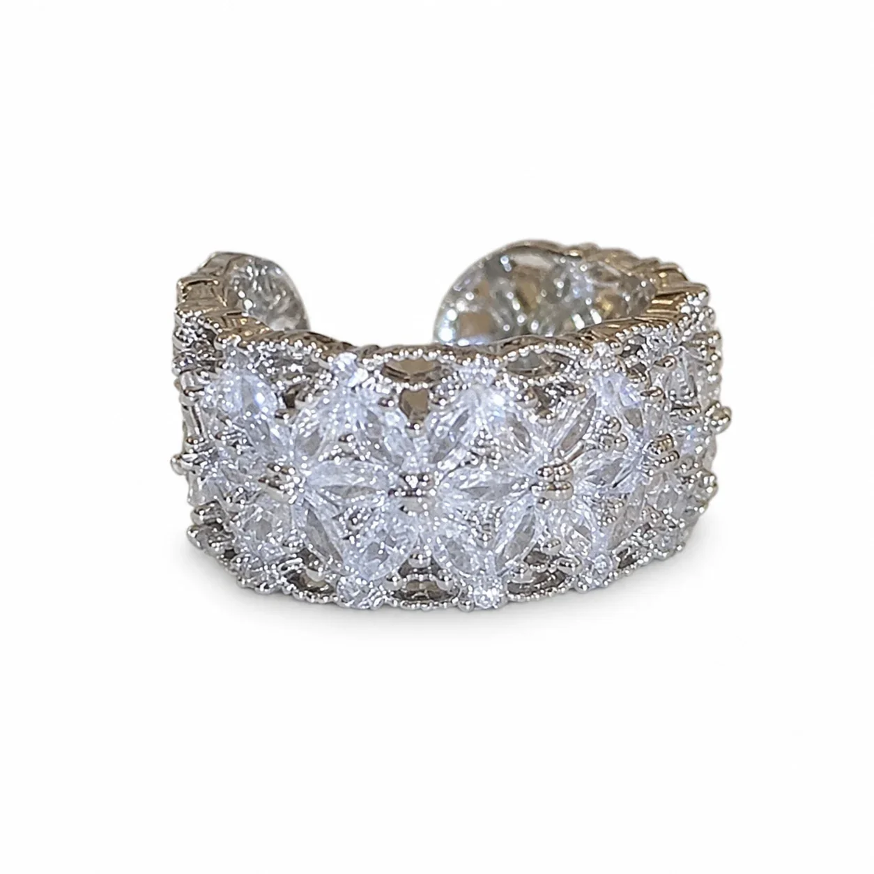 Radiant Silver-Plated Floral Pavé Wide Copper Ring
