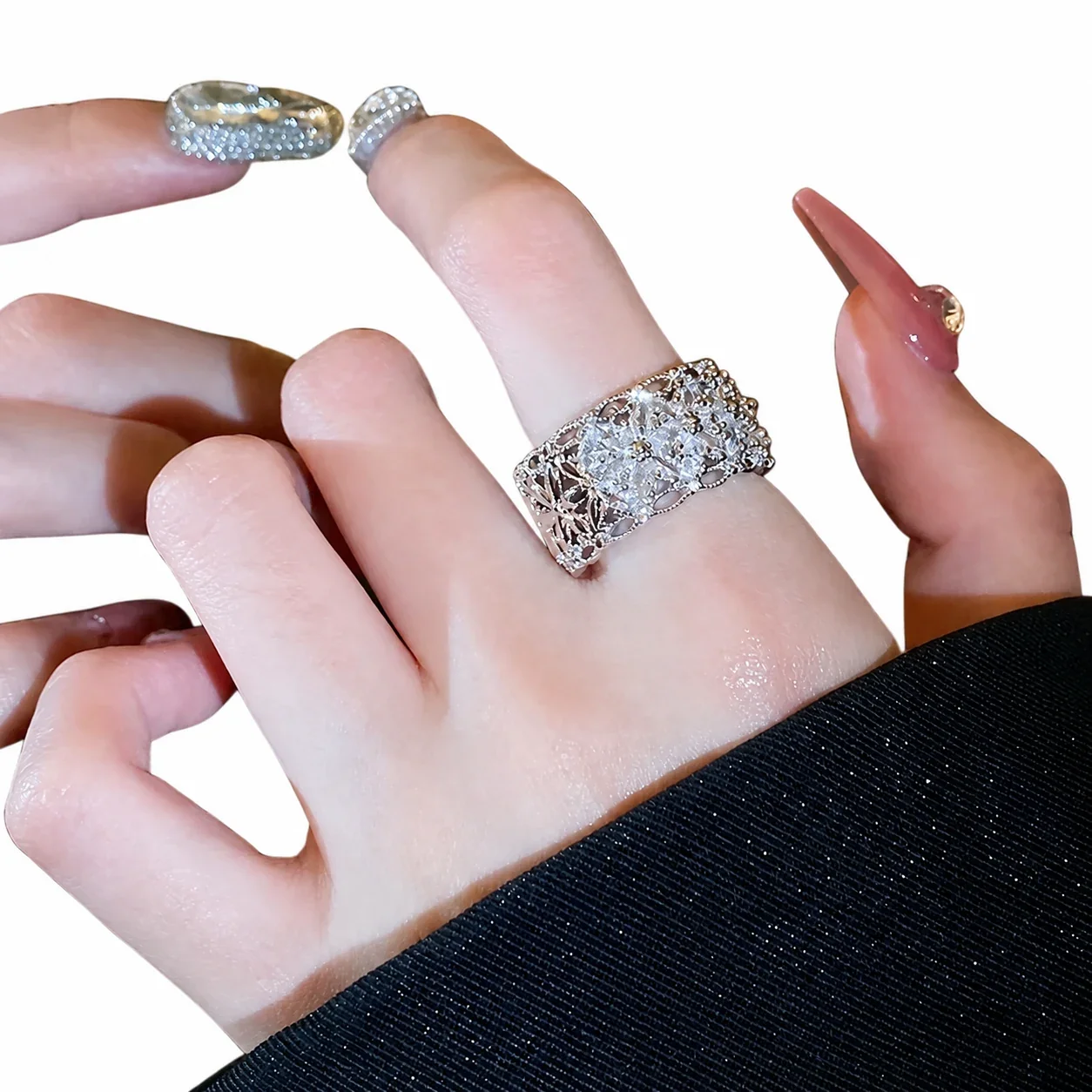 Radiant Silver-Plated Floral Pavé Wide Copper Ring