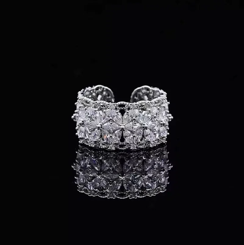 Radiant Silver-Plated Floral Pavé Wide Copper Ring